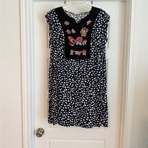 Blue Polka Dot Casual Dress with Floral Embroidery